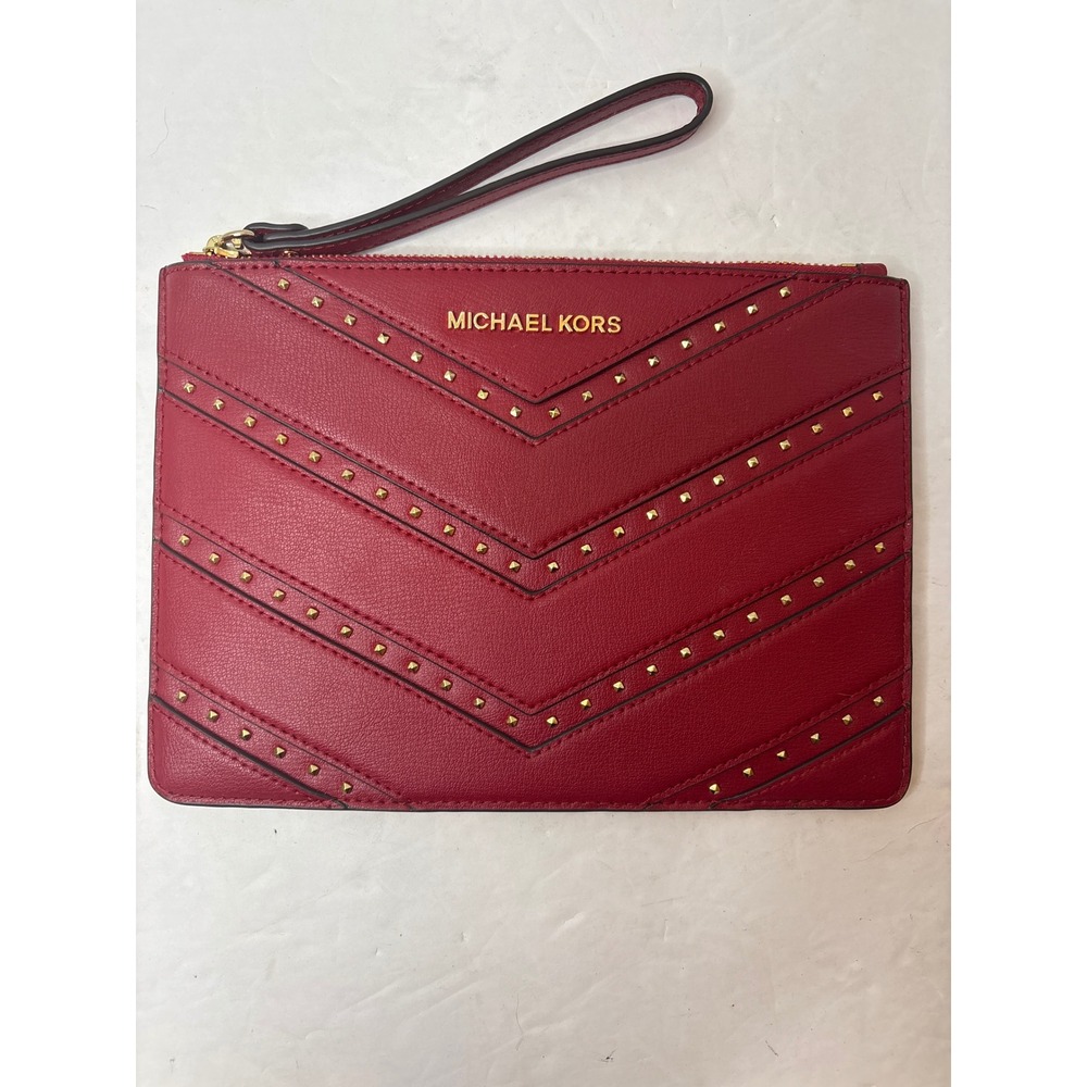 Michael Kors Ellis XL Zip Clutch Wristlet Scarlet Red Leather Studded 35H9GE0W4L